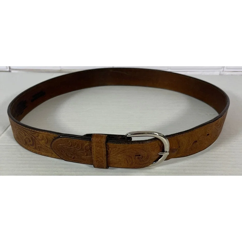 Silver Creek Belt Men 36 Brown‎ Western Floral Embossed Genuine Leather USA